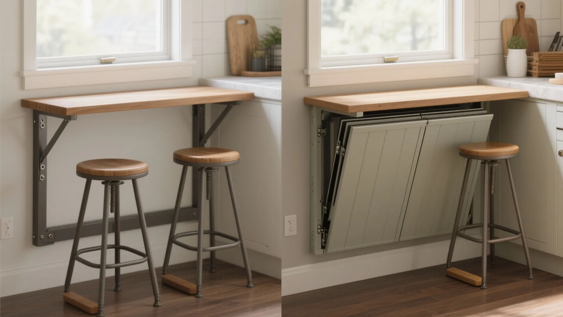 Before and after comparison of a wall mounted wooden bar table with two tall metal stools