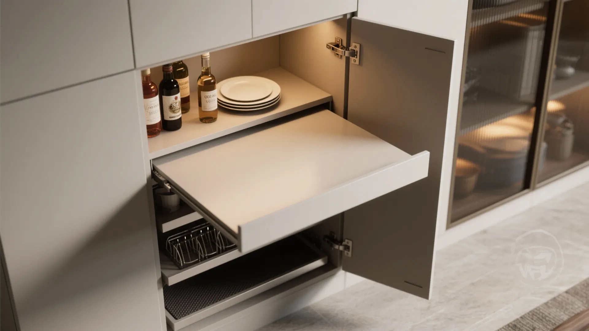 Modern kitchen cabinet featuring a pull out shelf with glass bottles and white dinner plates