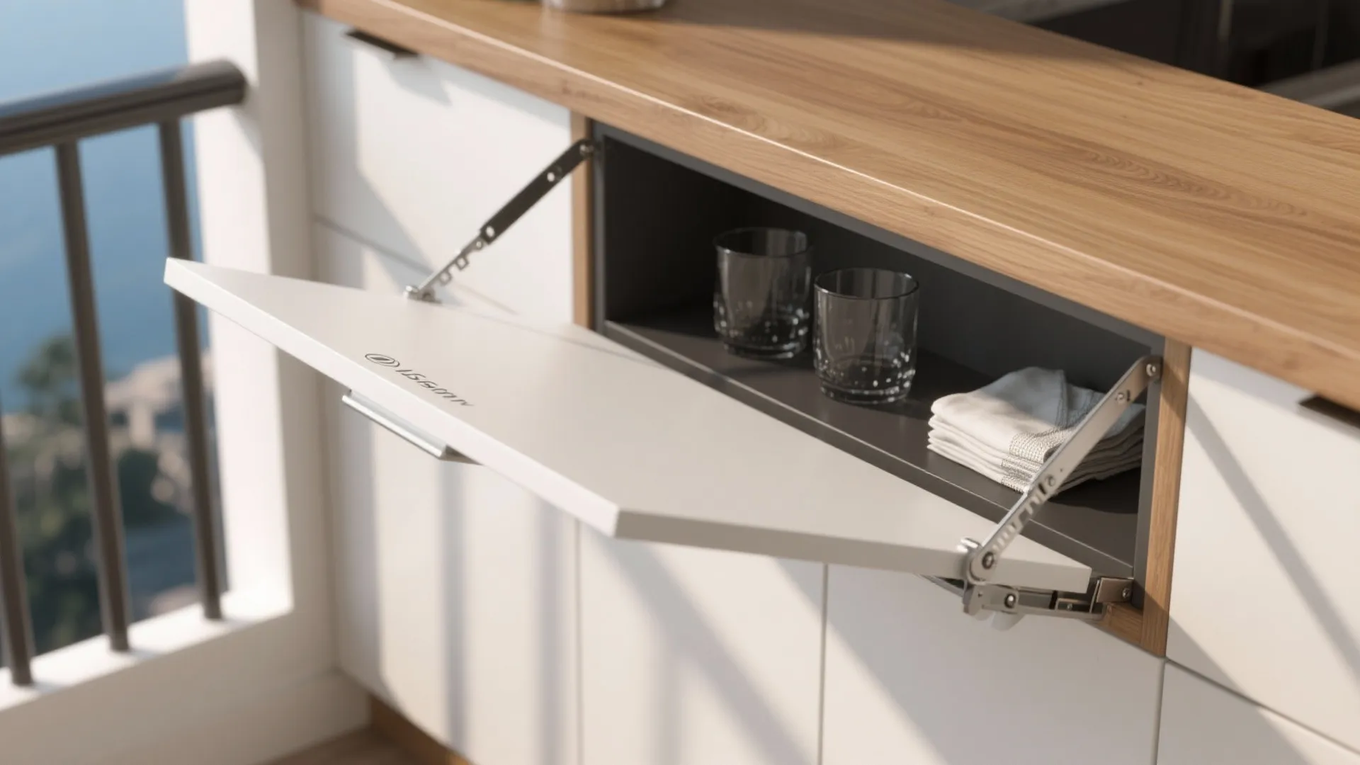 White fold down cabinet door revealing small storage space for glasses and napkins under counter