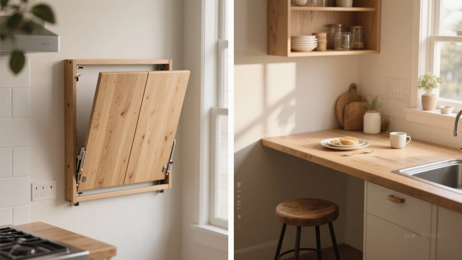 Before-and-after split view of a wall-mounted fold-down breakfast bar folded and unfolded in a tiny kitchen.