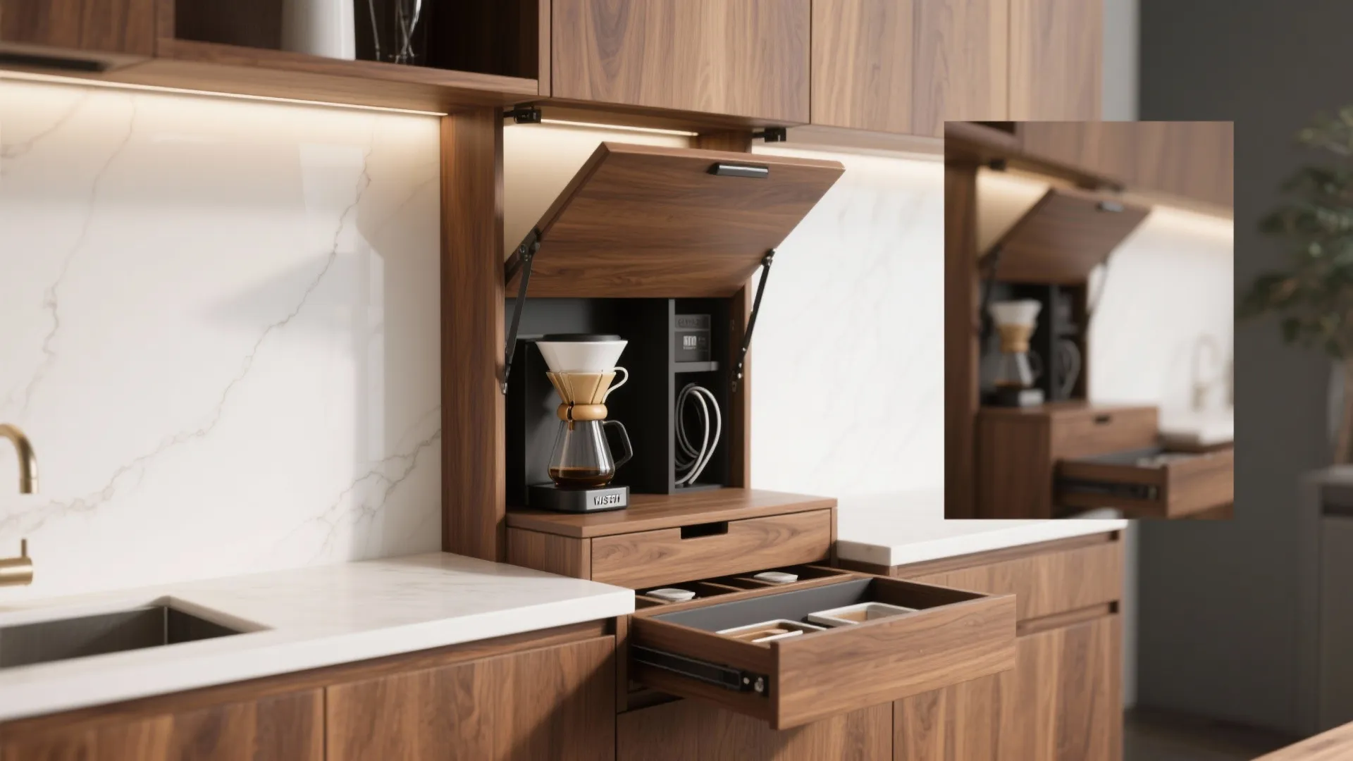 Wooden kitchen cabinet with lift up door showing coffee maker and open drawer for storage