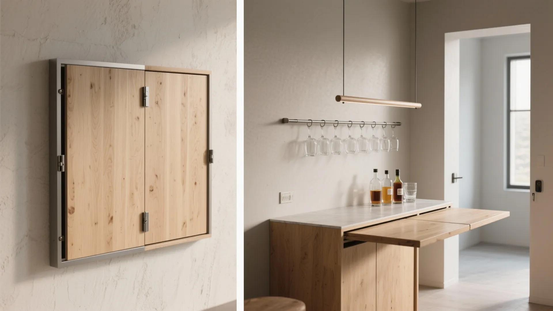 Modern fold down wall cabinet transforming into a wooden bar table for home interior space