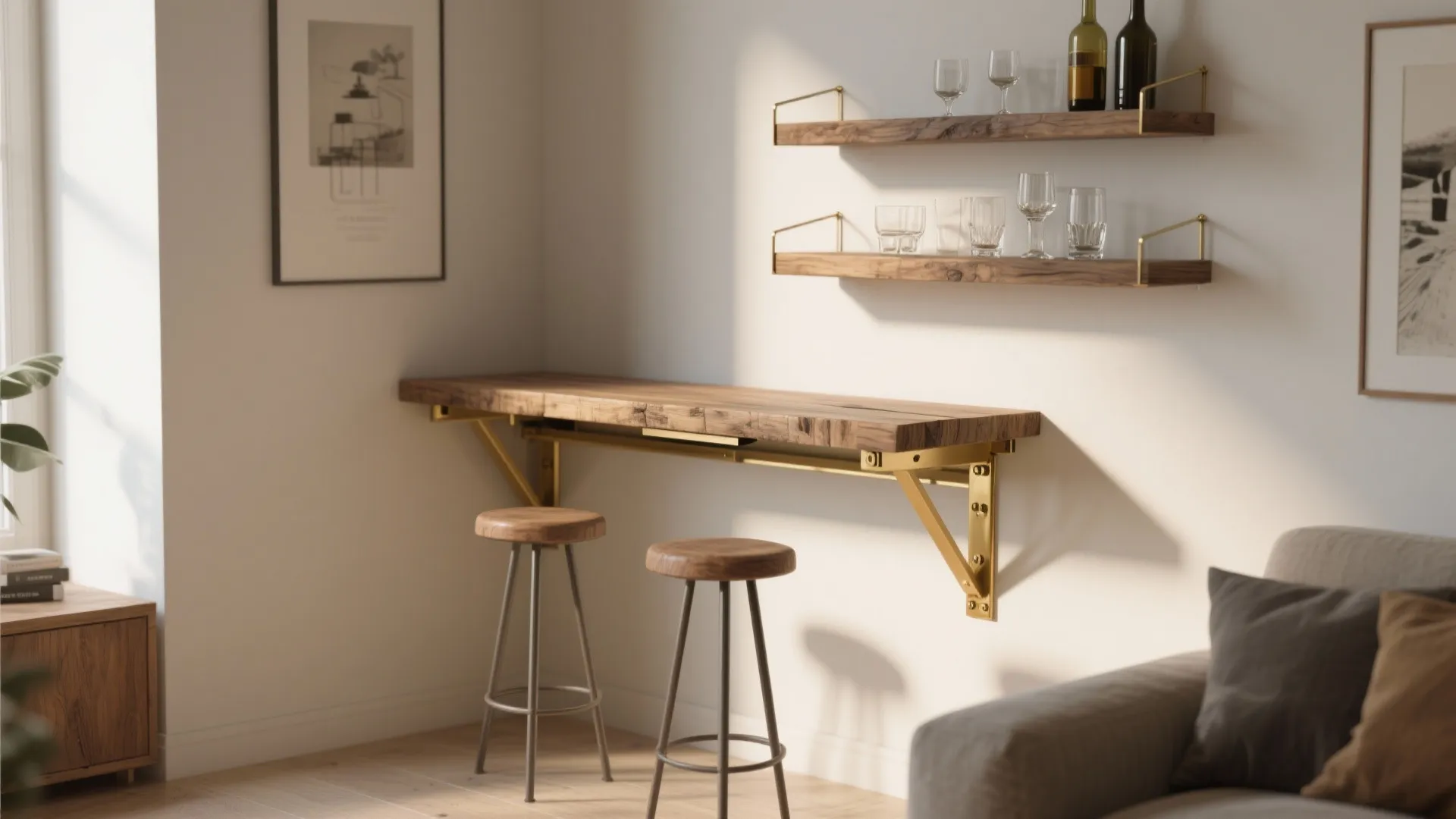 Wall-mounted fold-down bar table in reclaimed wood with two stools and floating shelves, in a compact apartment nook.