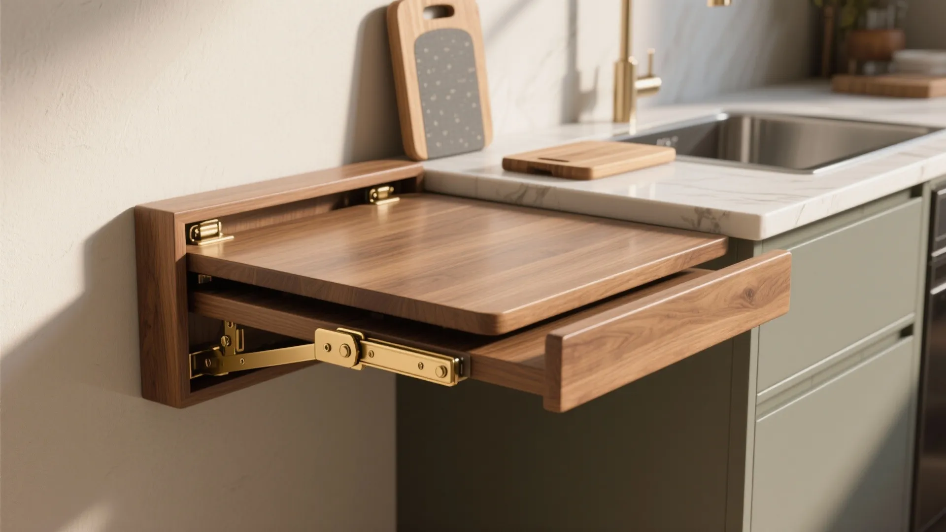 Modern wood wall mounted folding table installed next to kitchen sink with light green cabinets