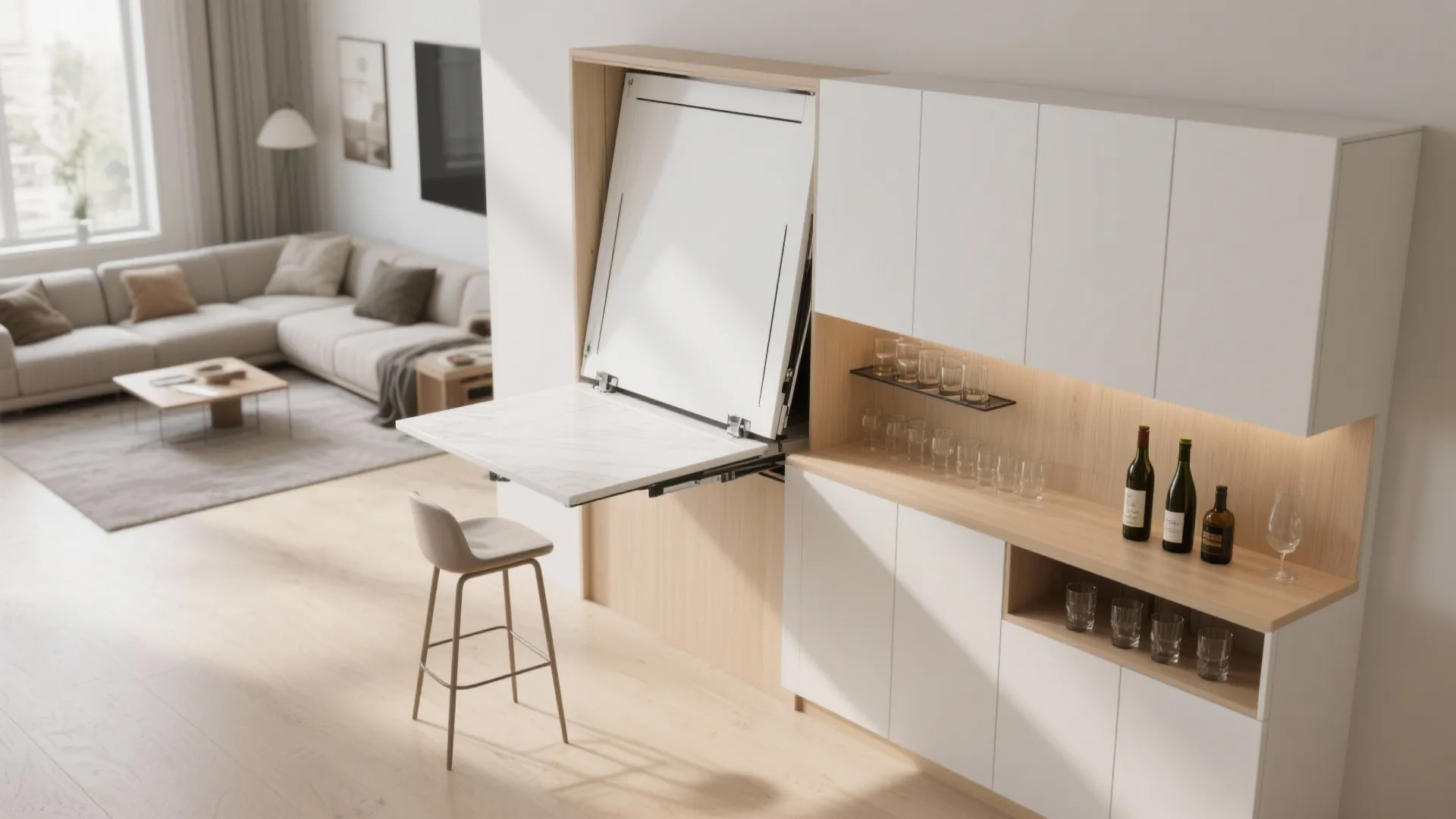 White wall cabinet with a fold down table bar chair and living room in background