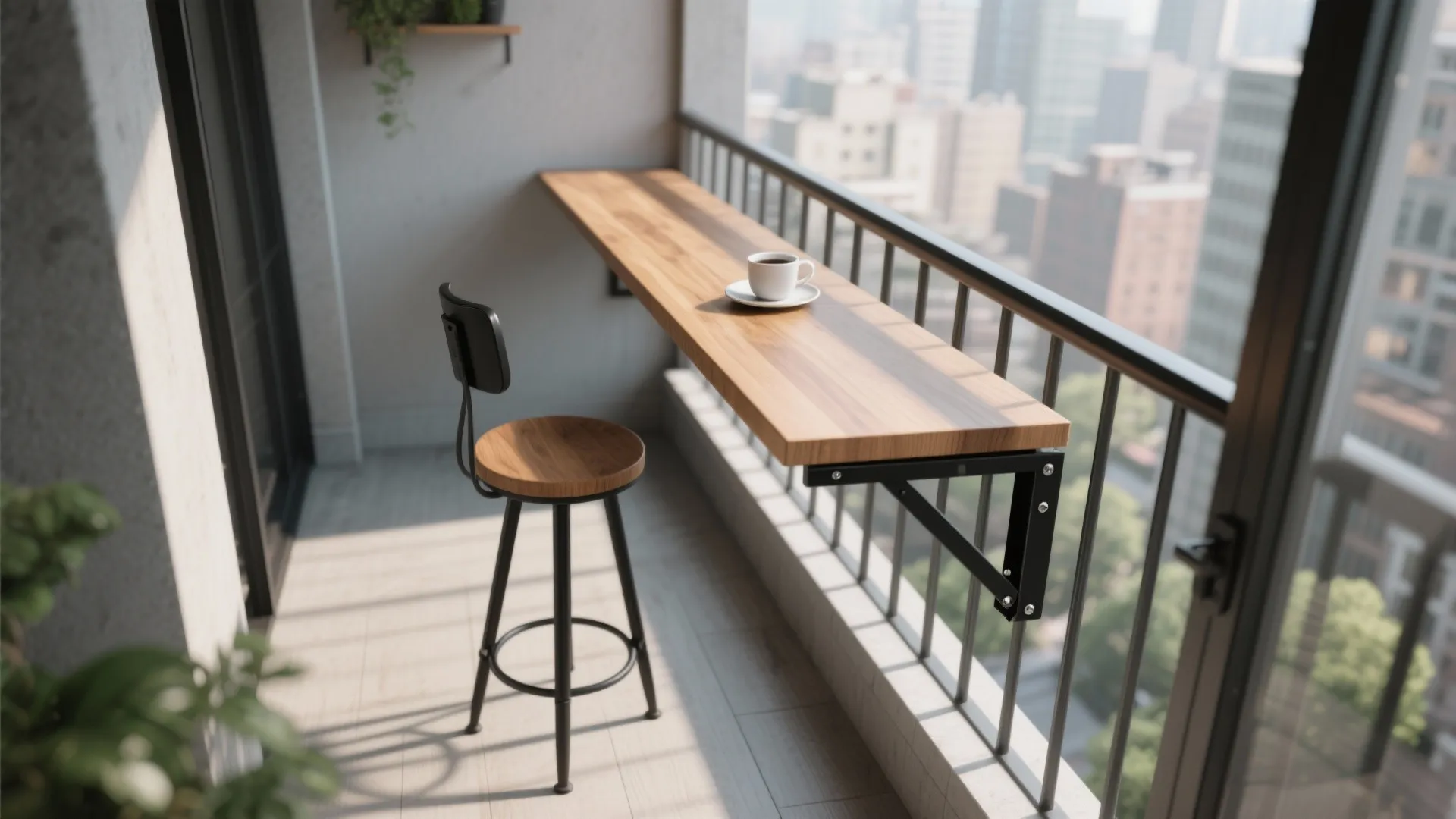 Small balcony with a wooden bar table a tall chair and a coffee cup outside