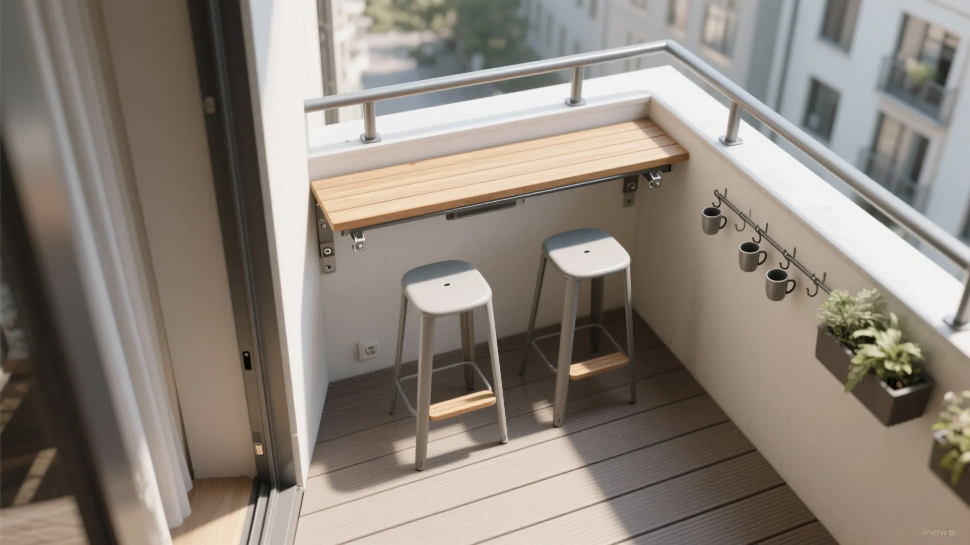 Fold-down bar + slim stools for dining