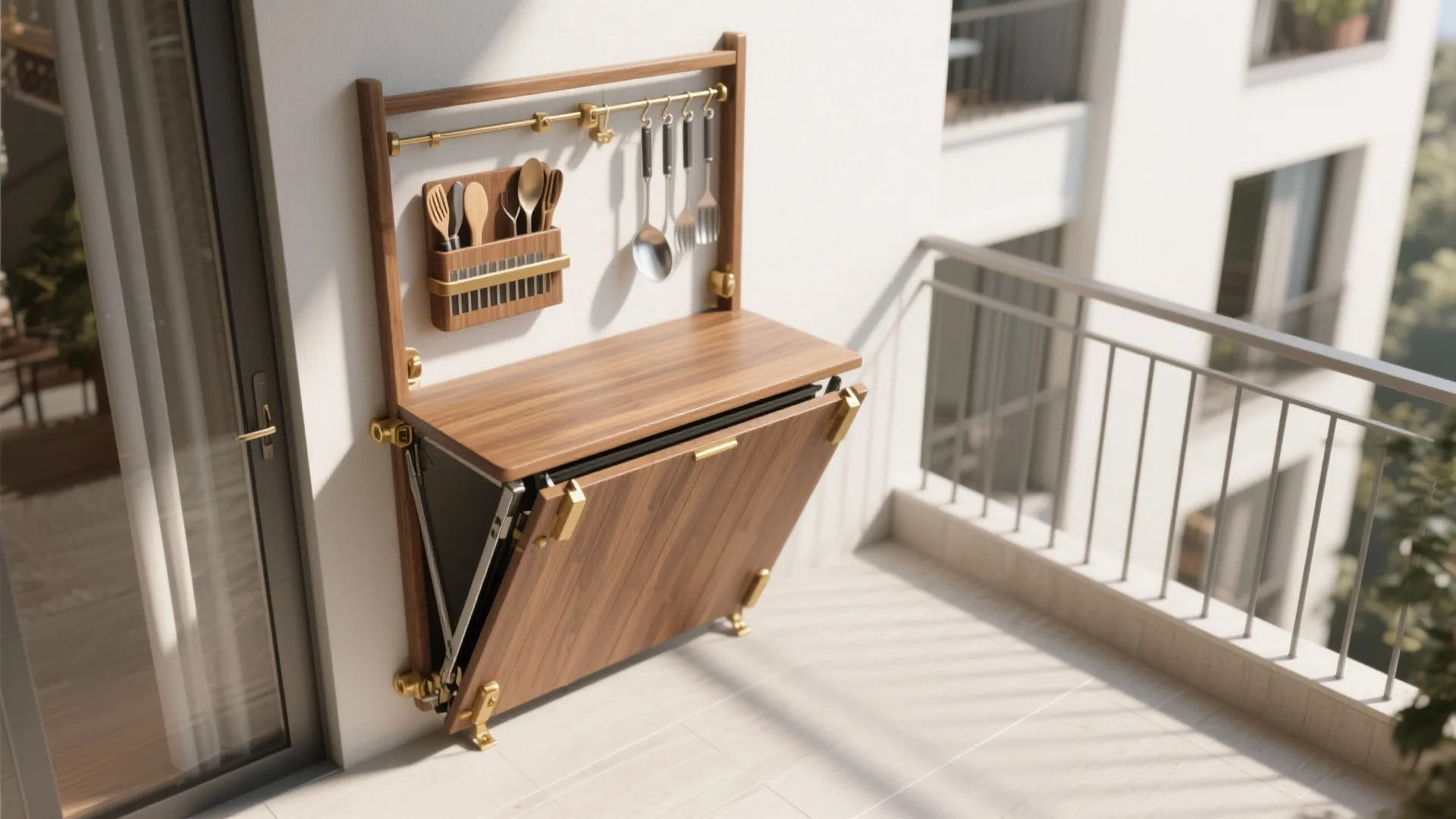 Foldable wooden wall mounted table on a balcony with kitchen tools and gold metal hardware