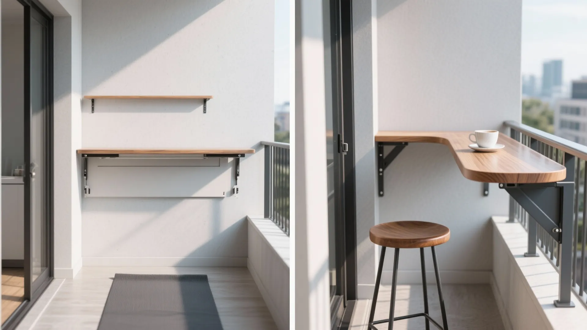 Narrow balcony showing fold-down bar in up and down positions for flexible use.