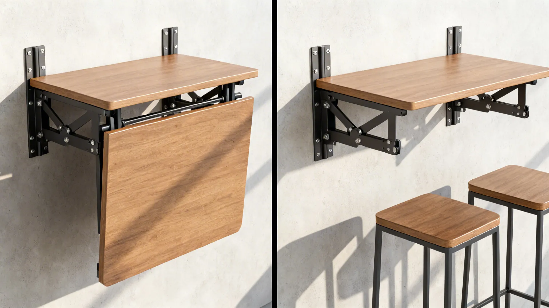 Fold-down wall table shown folded and unfolded with industrial brackets and stools tucked beneath.