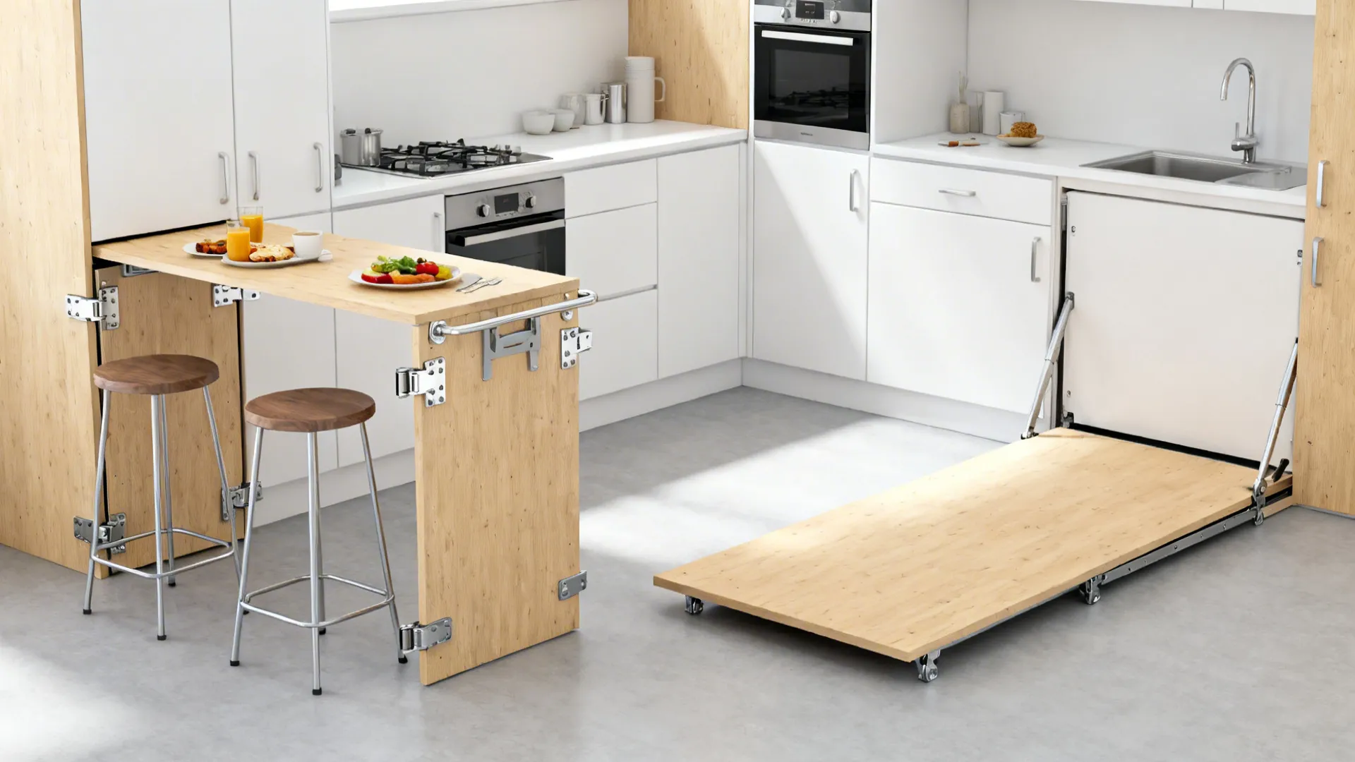 Fold-down breakfast bar shown up for seating and down to free floor space in a small kitchen.