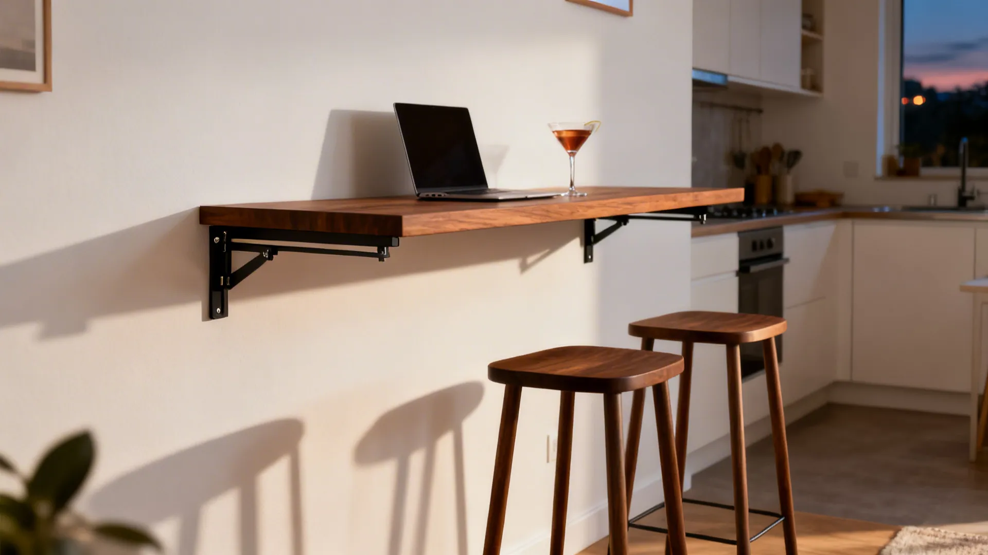 Wall mounted wooden folding table with laptop and drink plus two wooden stools in kitchen