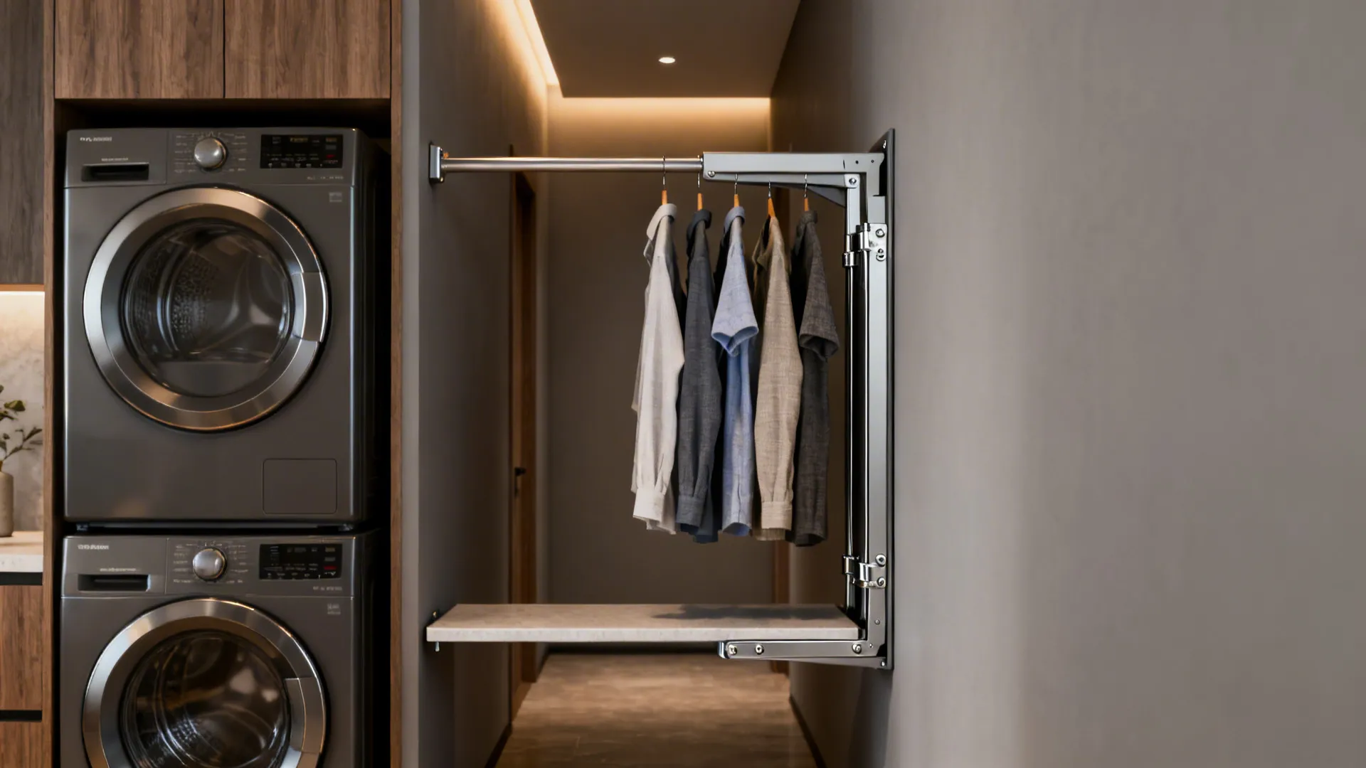 Fold-down wall-mounted bar extended with clothes hanging beside a stacked washer-dryer.