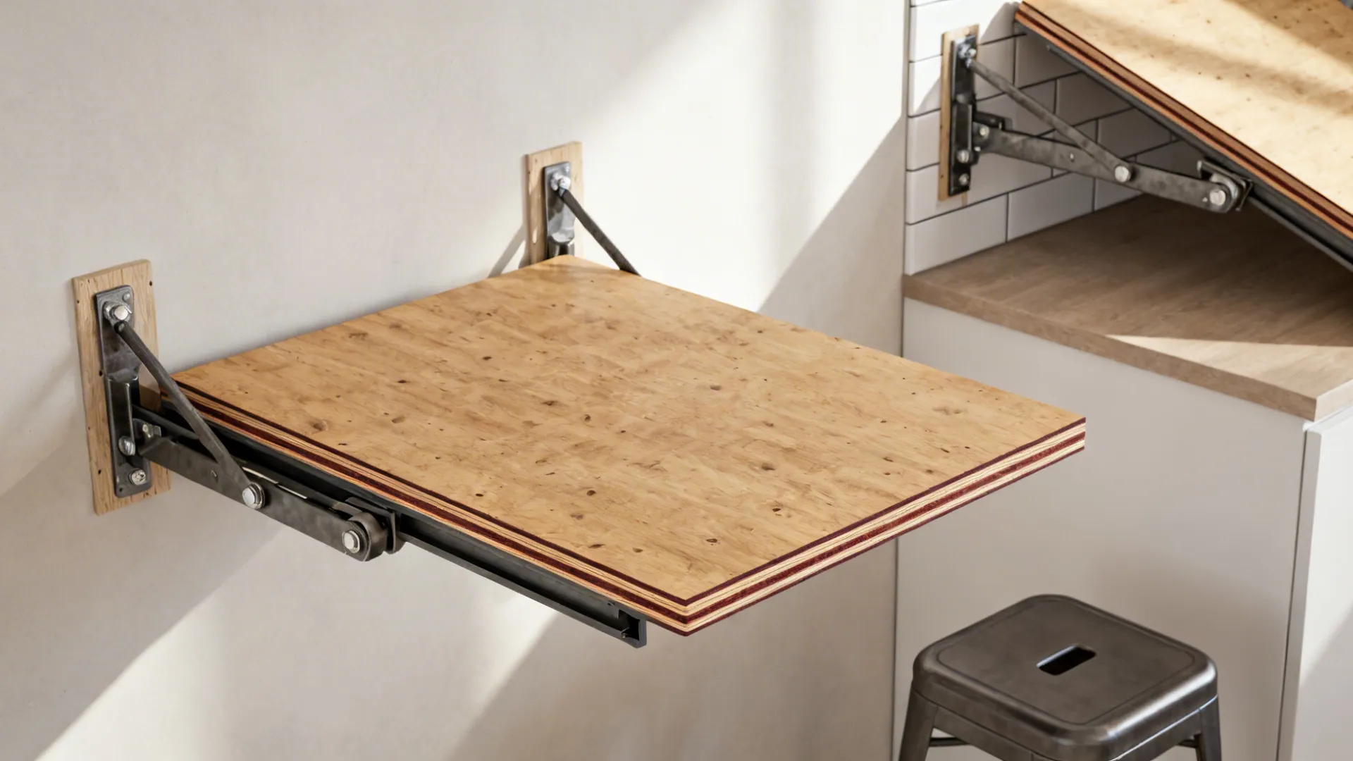 Fold-down wall-mounted breakfast bar shown both folded up and down against a backsplash