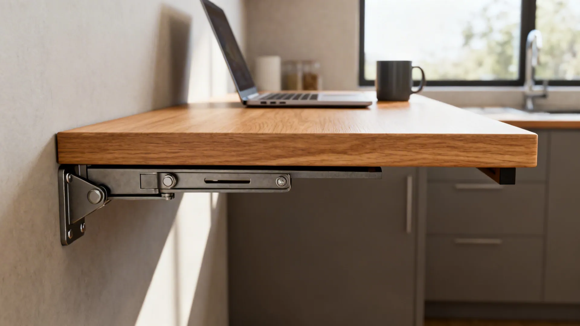 Close-up of a maple fold-down wall breakfast bar with visible hardware and a laptop