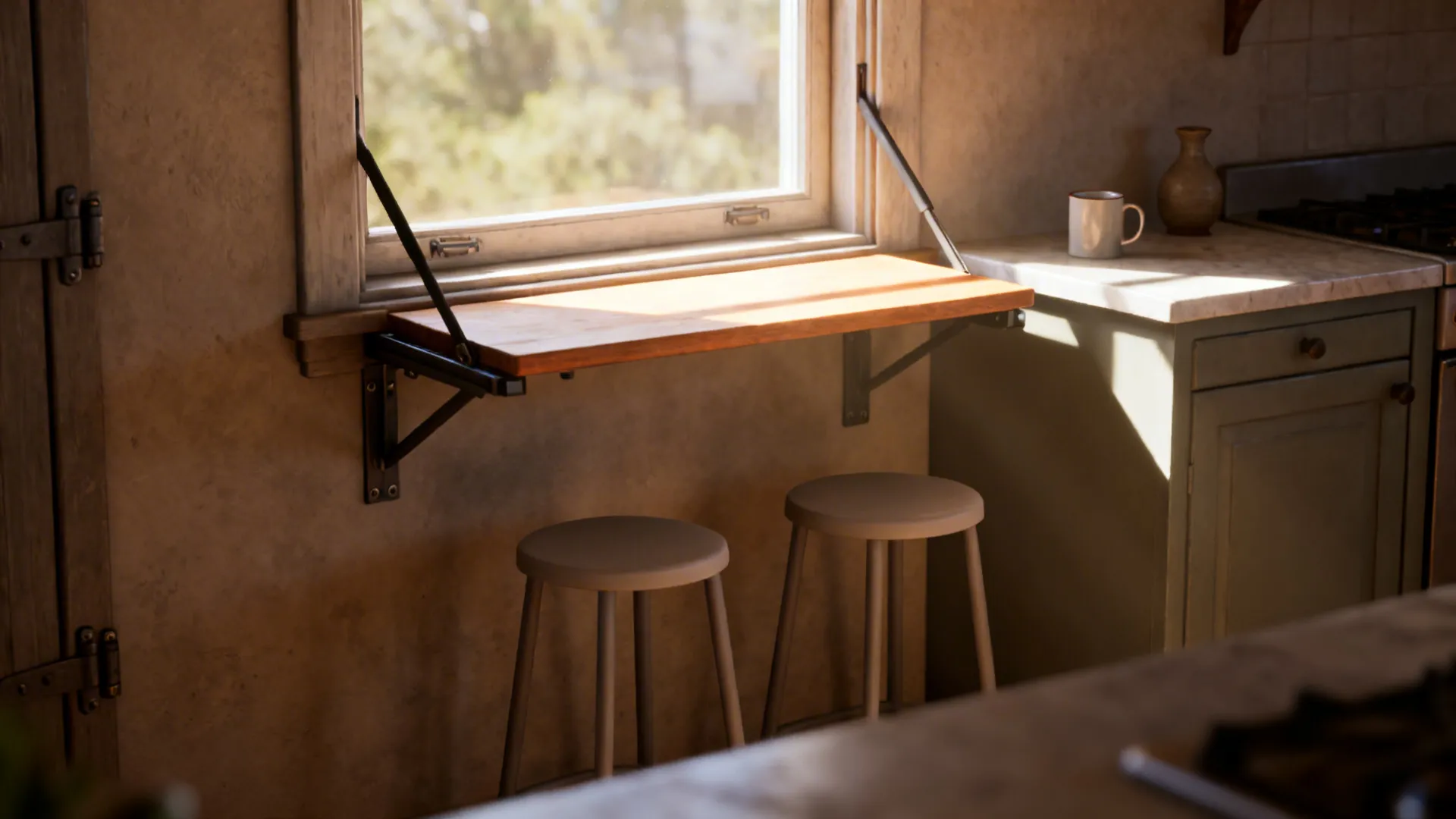 Fold-down breakfast bar by a kitchen window with two stools and warm daylight