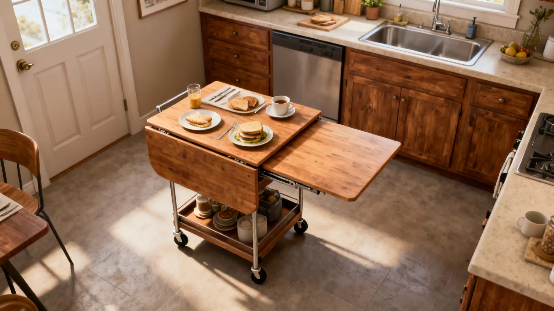 Fold-down breakfast bar and rolling cart island in a tiny kitchen offering flexible prep and dining space.