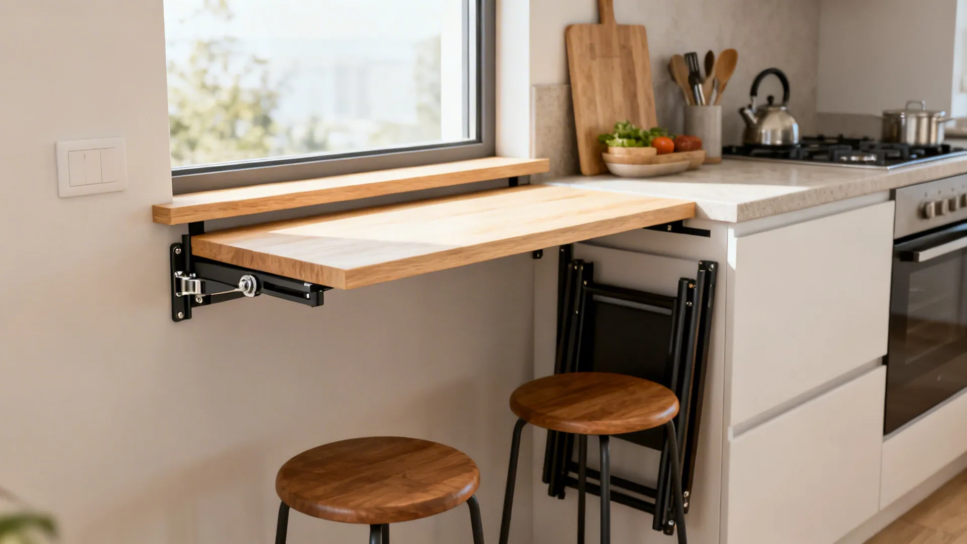 Fold-down breakfast bar at a kitchen window providing extra seating and prep space when needed.