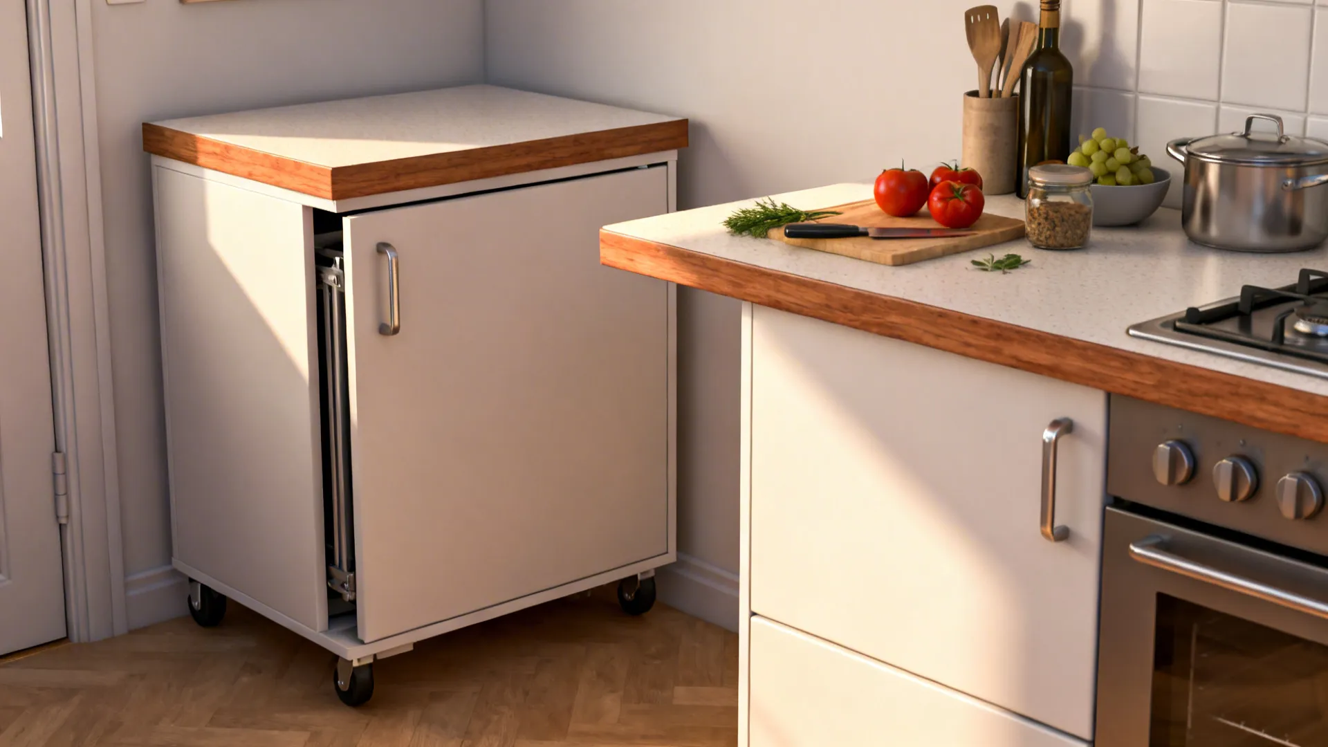 Multifunctional fold-down breakfast bar extended for prep in a compact kitchen, and folded away to save space.