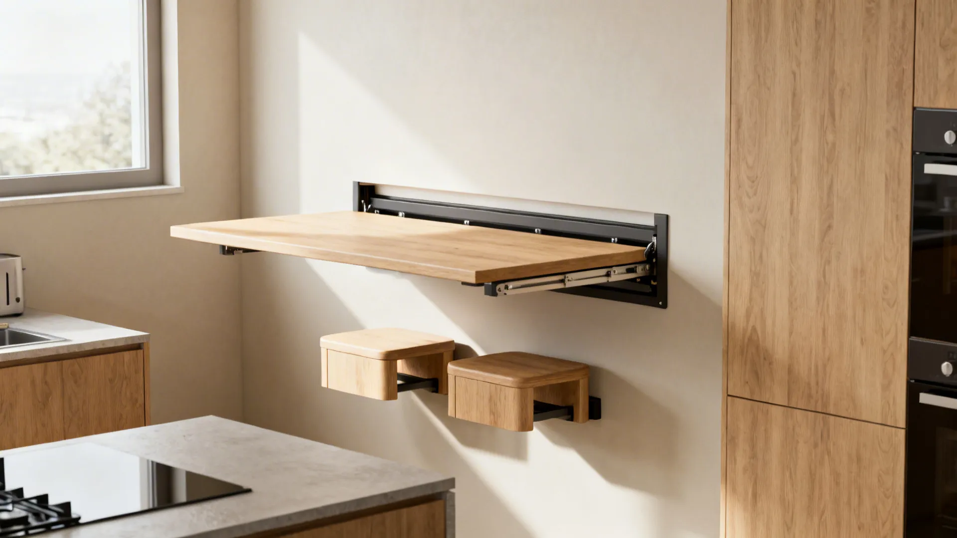 Fold-down breakfast bar extended in a small kitchen with two compact stools.