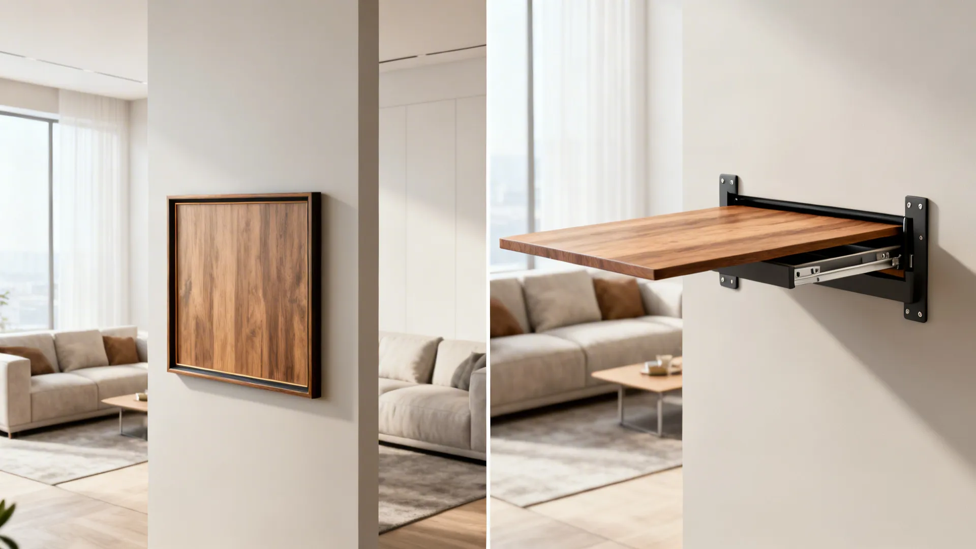 Convertible fold-down wall bar shown closed as art and open as a prep surface in a living room.