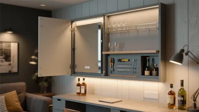 Modern Home Bar Cabinet with Mirror & LED Lighting