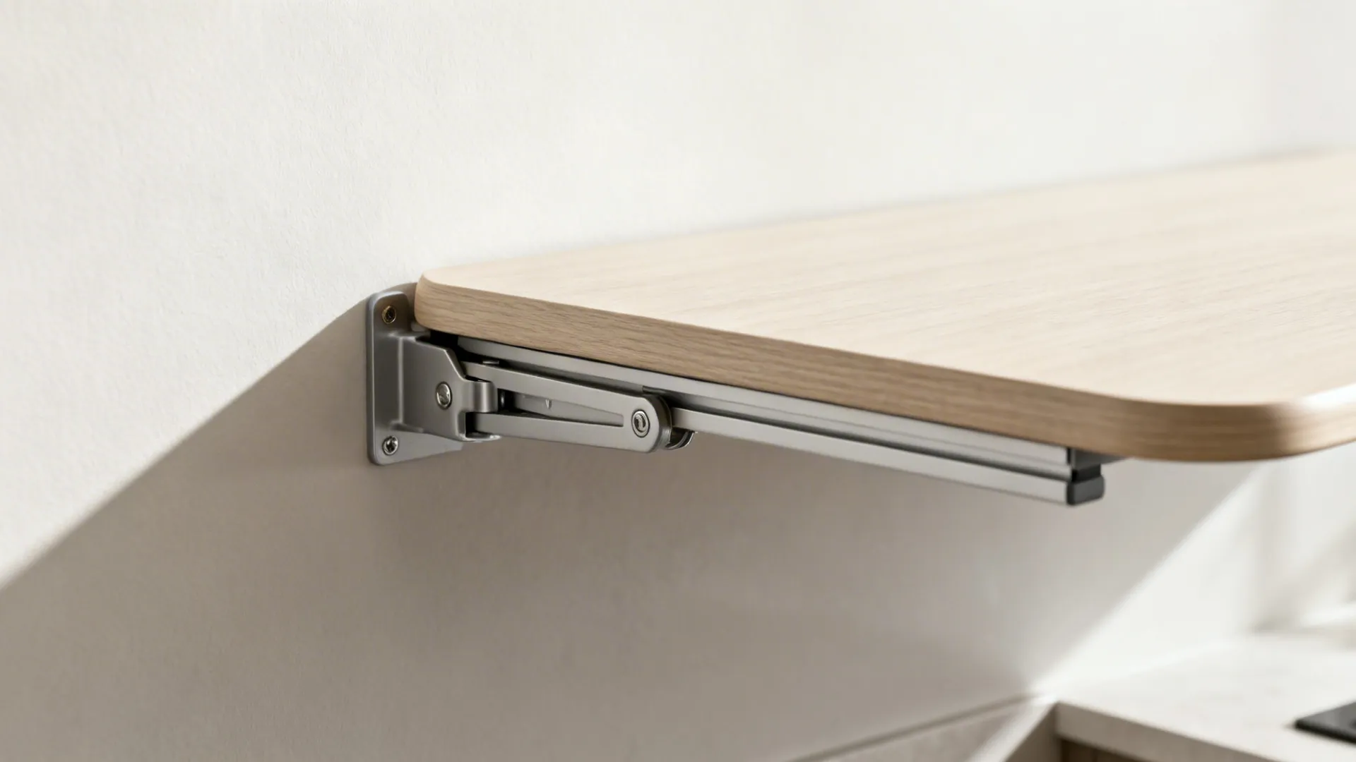 Close-up of a fold-down breakfast bar hinge and laminate surface on a kitchen wall.