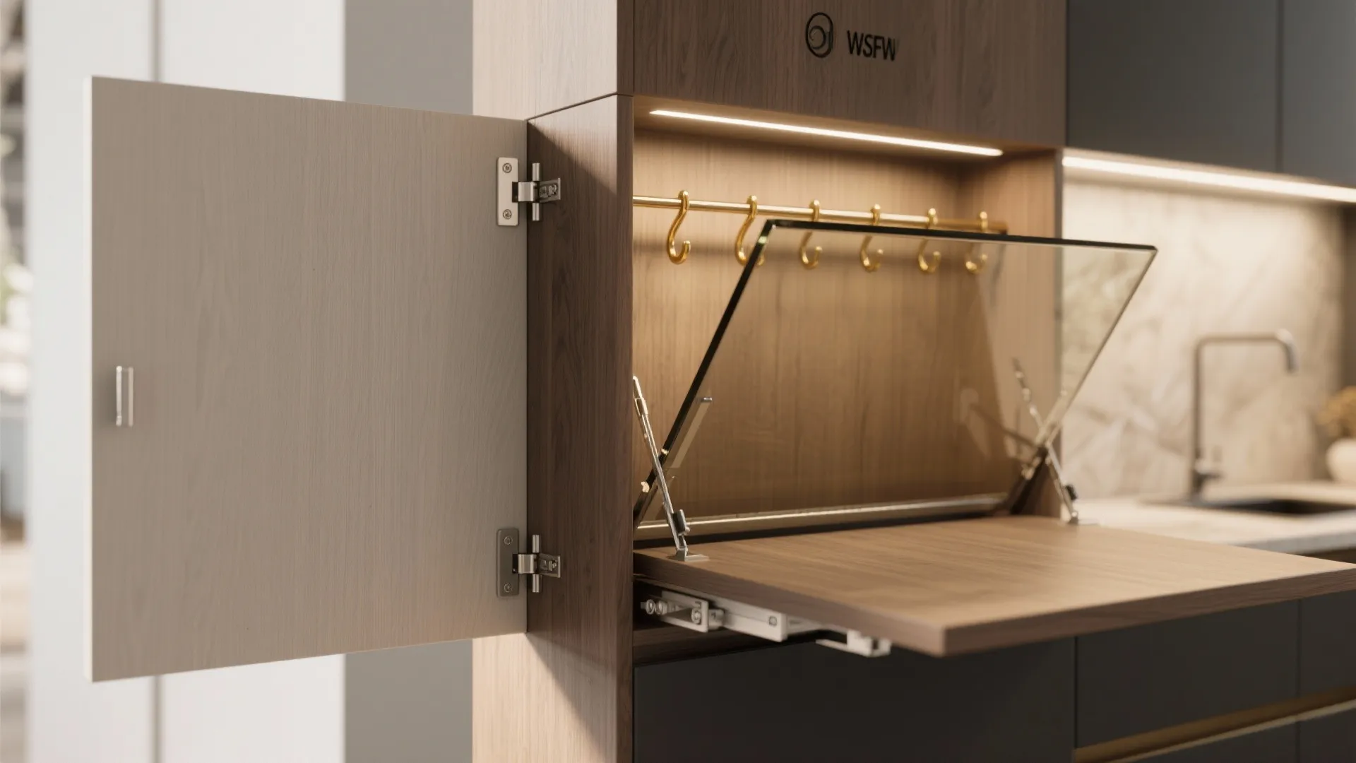 Fold-down bar unit shown closed and open with a fold-down worktop and hidden glass storage.