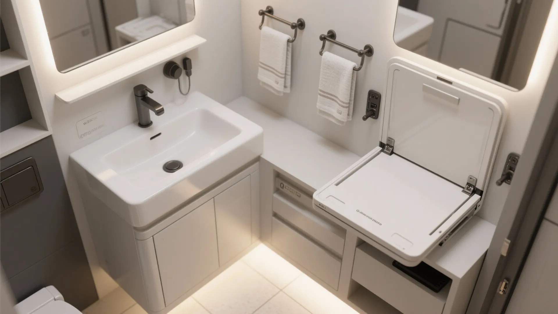 Compact bathroom design with white sink white cabinet white towels and a fold down table