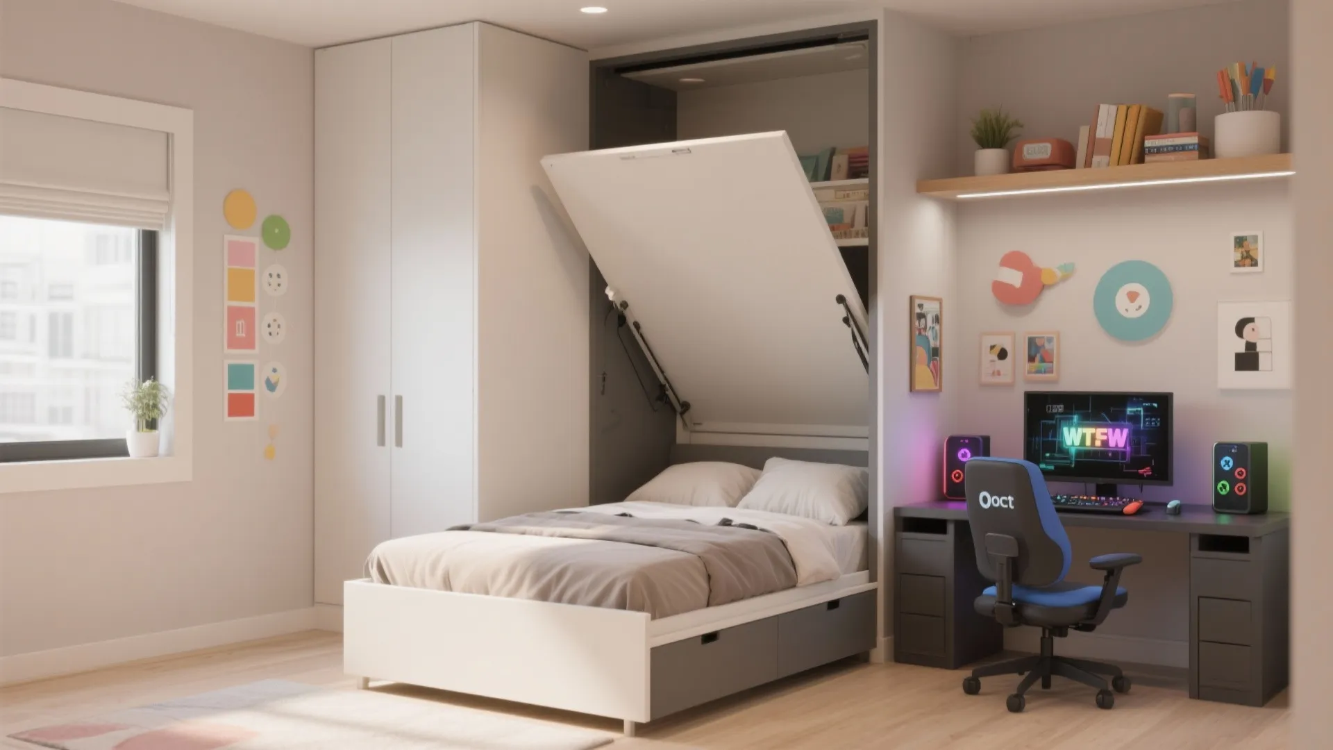 Murphy bed folded up revealing extra living space in bedroom