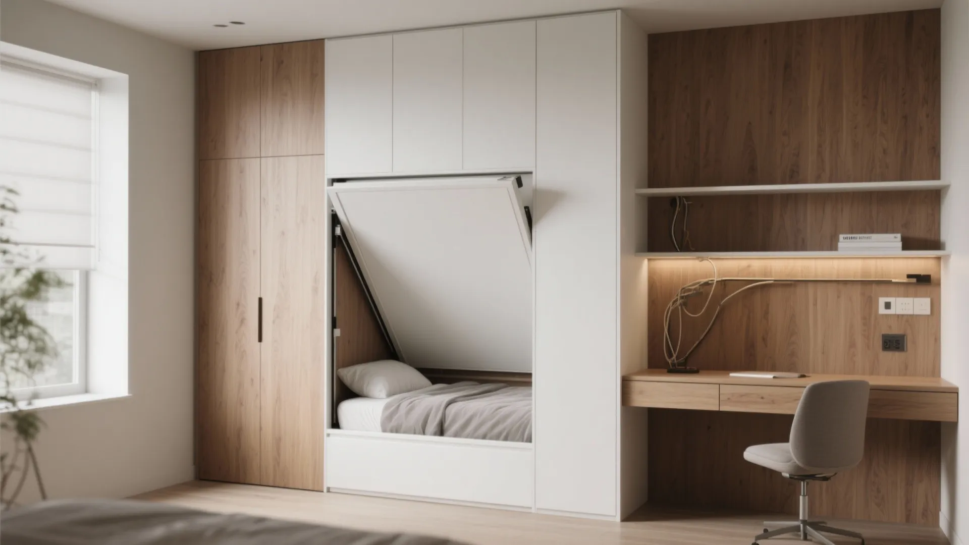 1. Fold-down wall bed with built-in desk