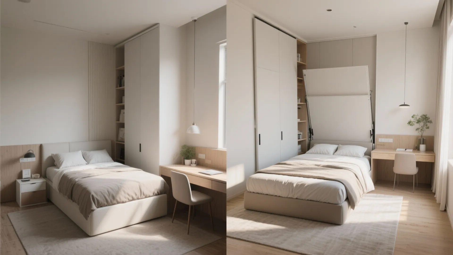 Murphy bed and fold-out desk in a small bedroom before and after use