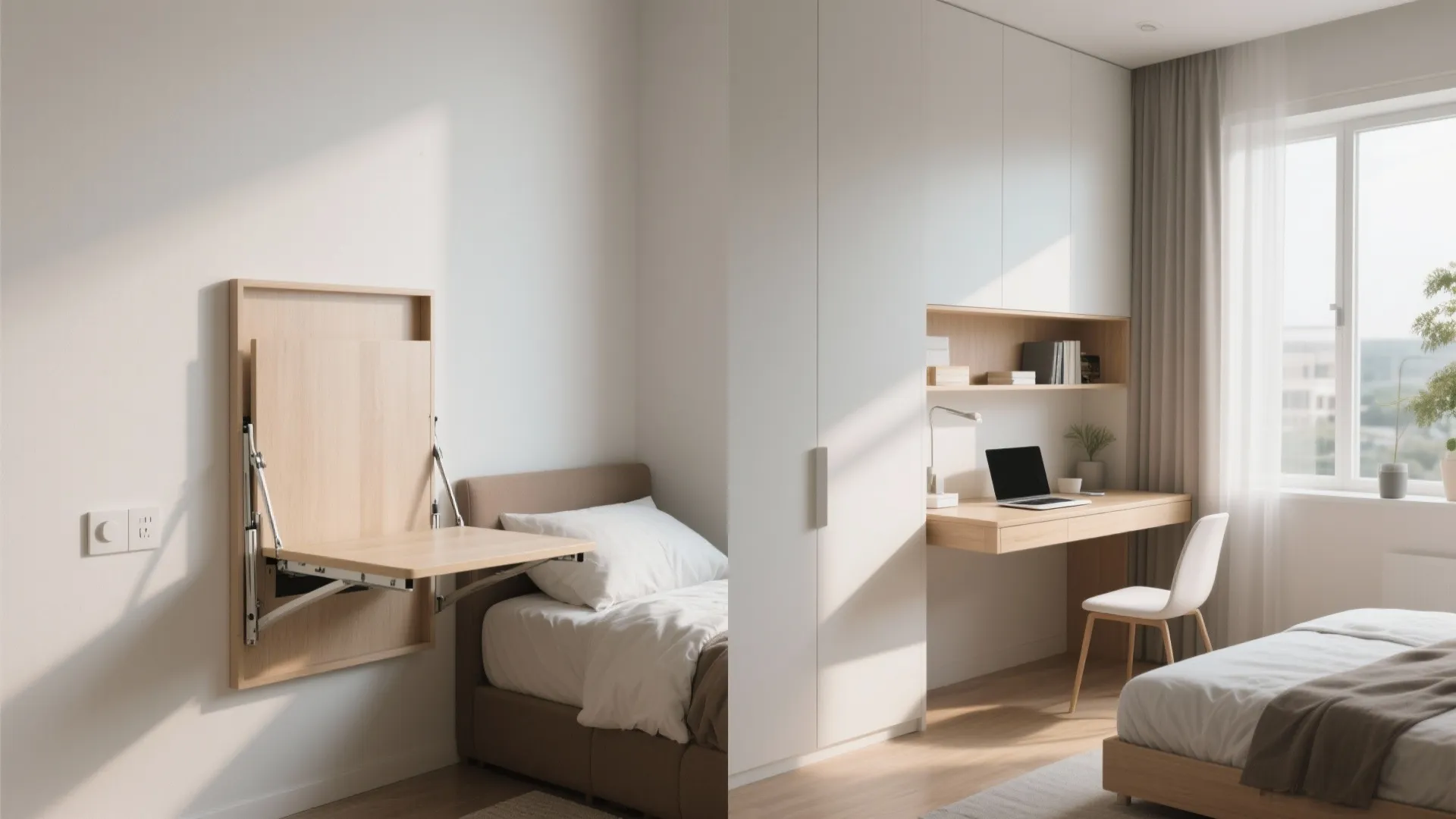 Wall-mounted fold-down desk beside bed shown open and closed