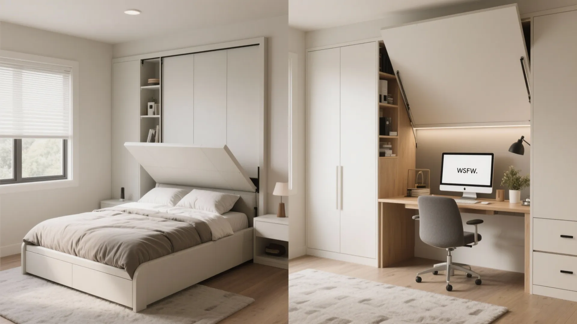 Modern home office with white fold down wall bed beside wooden desk and grey office chair
