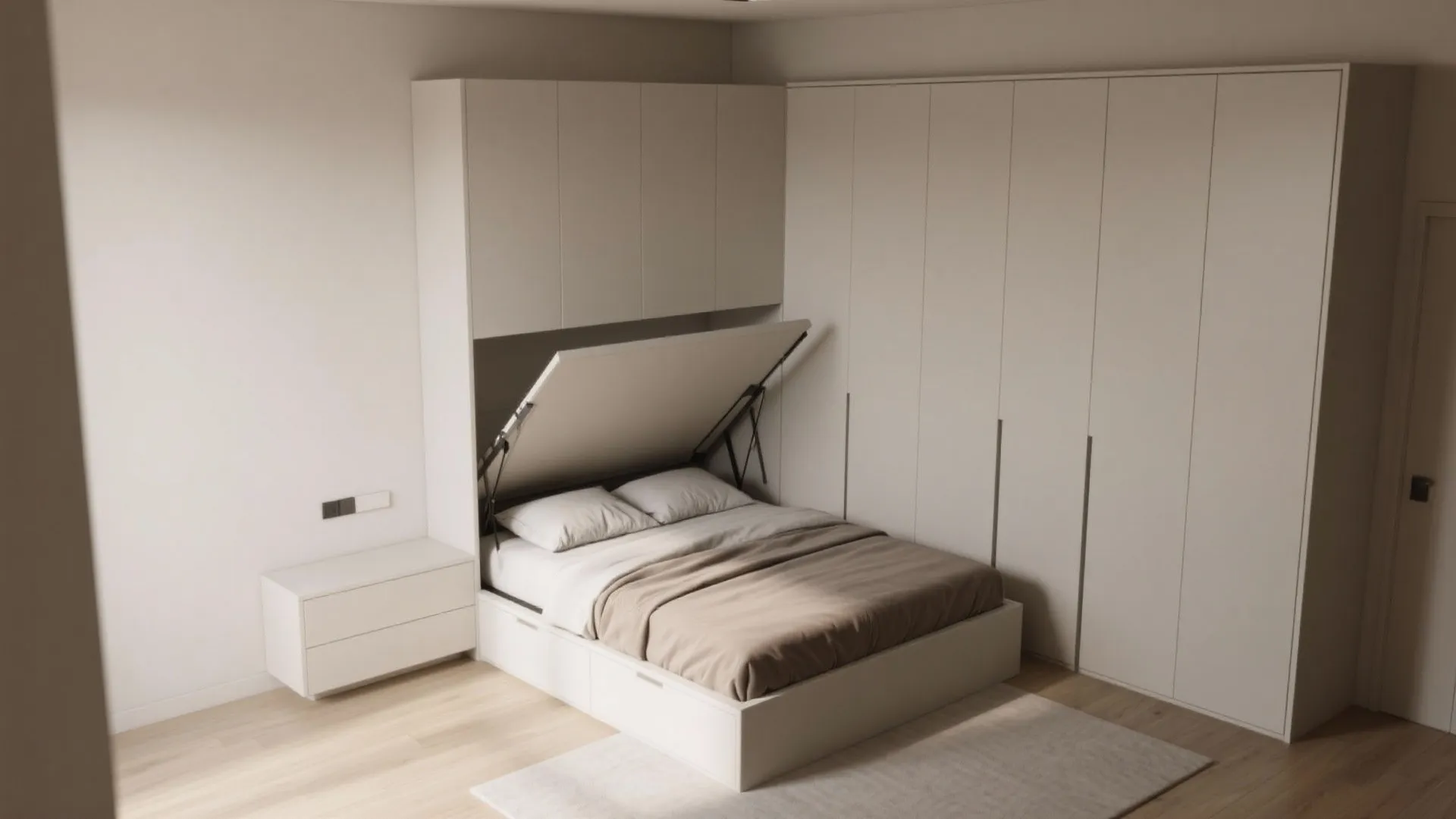 A white storage bed with a lifting mattress base inside a room with large cabinets