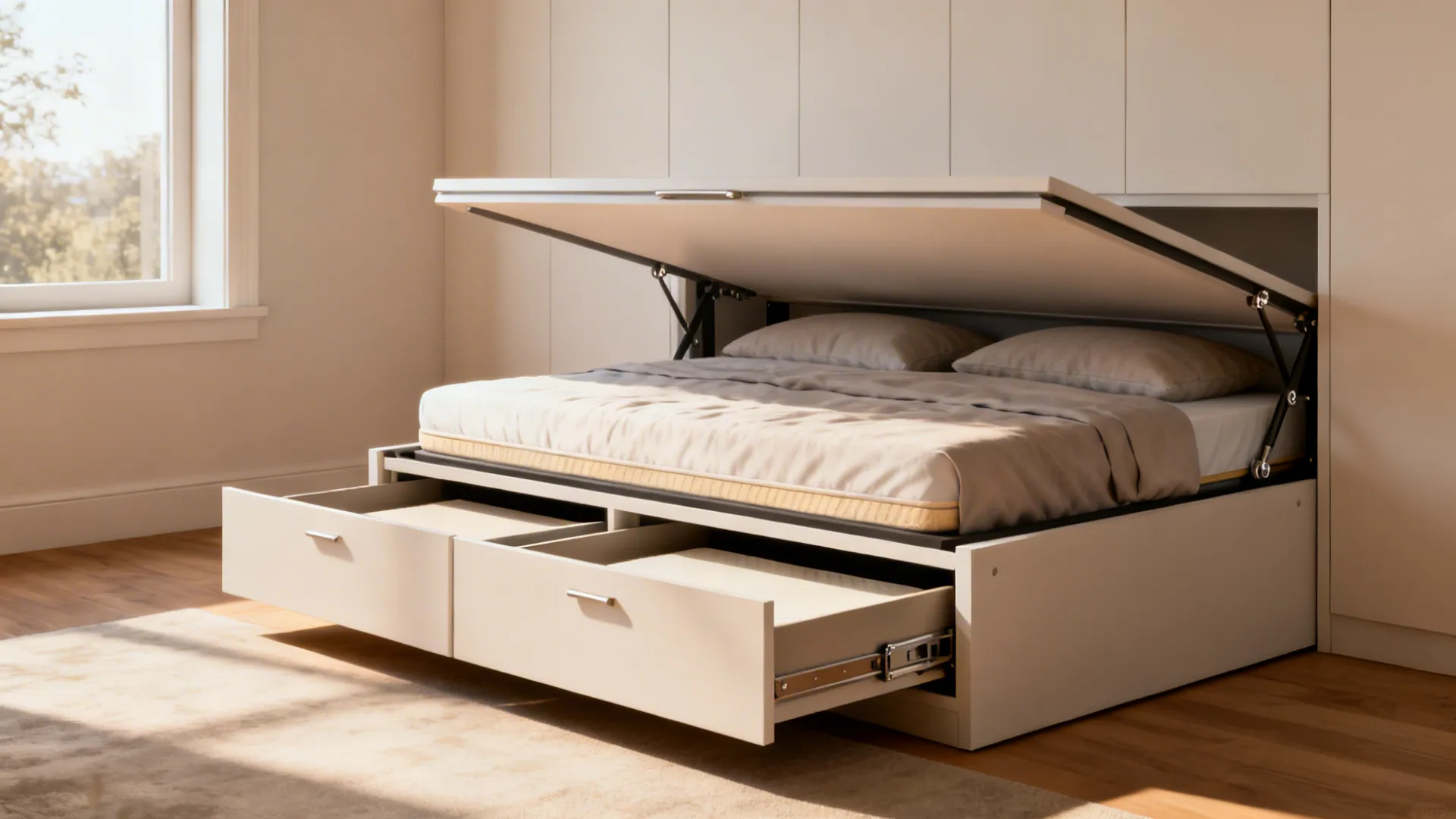 Fold-down bed or daybed with built-in drawers maximizing space in a small guest room