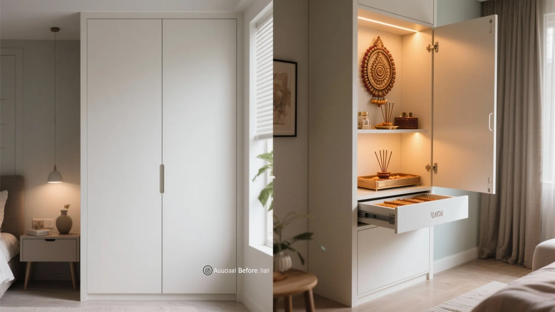 Before and after comparison of a closed white cabinet versus an open storage unit shelf