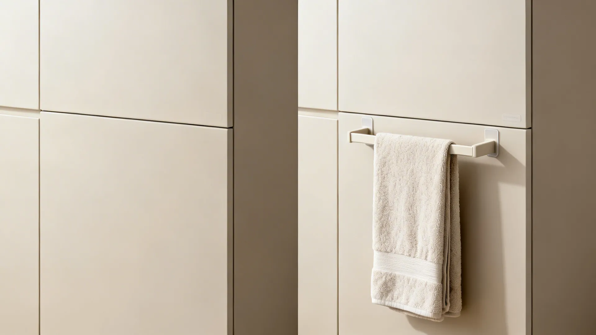 Before and after comparison adding an adhesive fold-down towel rack to a cabinet end panel.