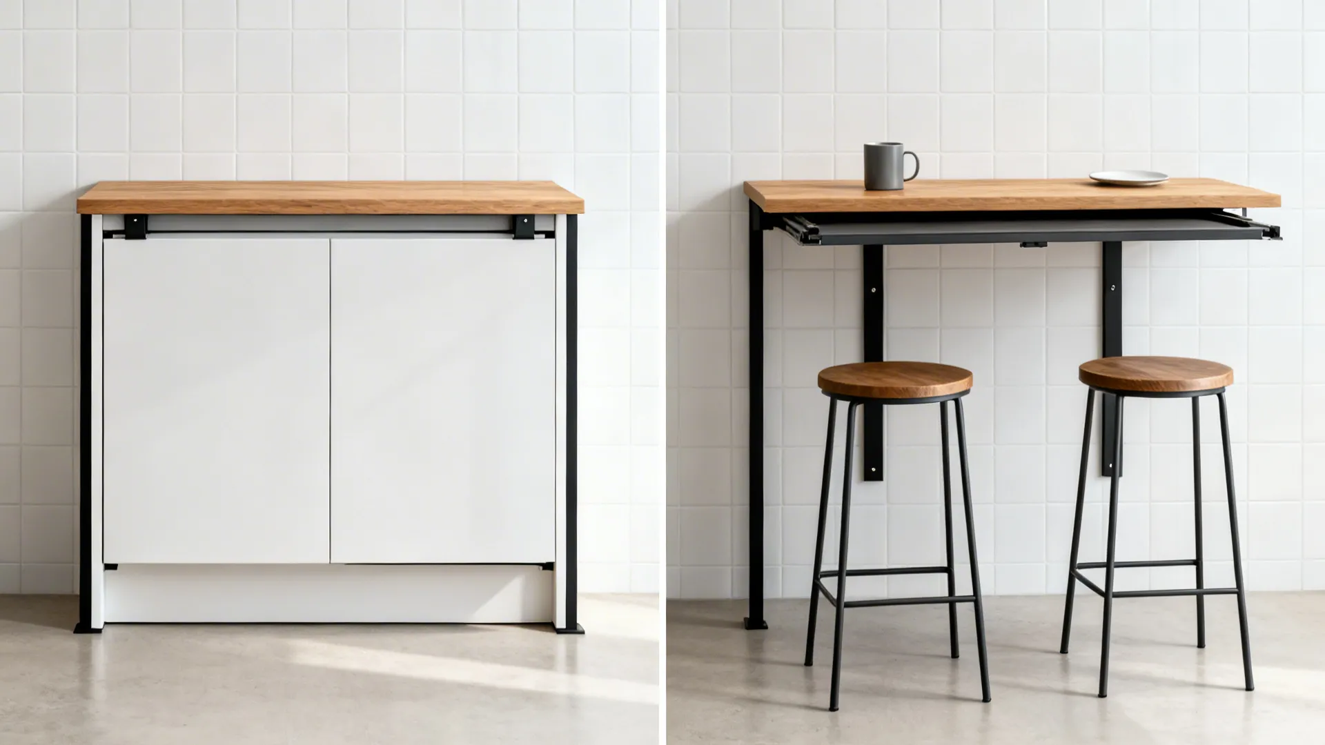 Before-and-after of a micro kitchen wall bar folded up and folded down with stools.