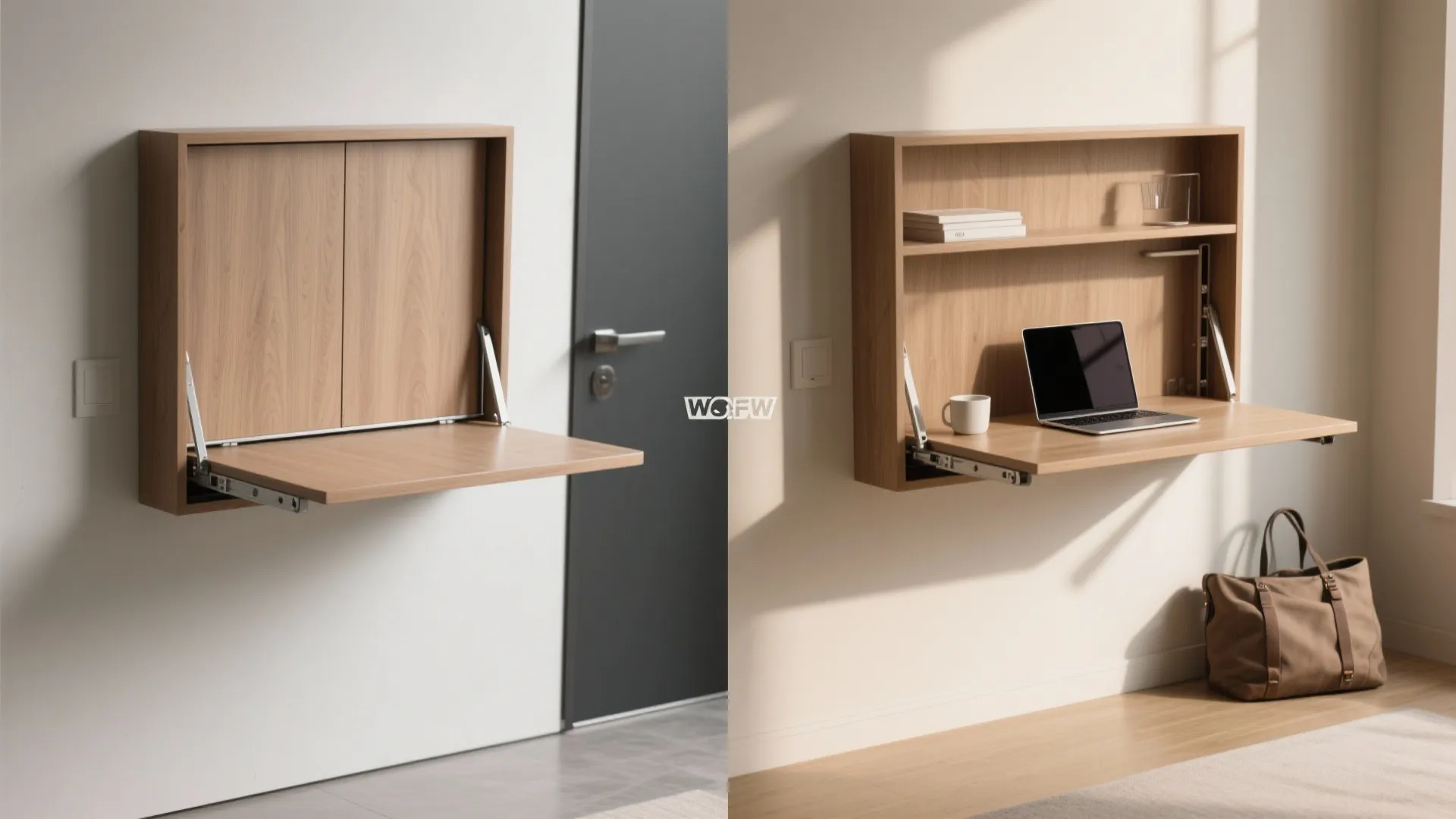 Side by side comparison of a closed wooden wall cabinet and an open wall desk setup