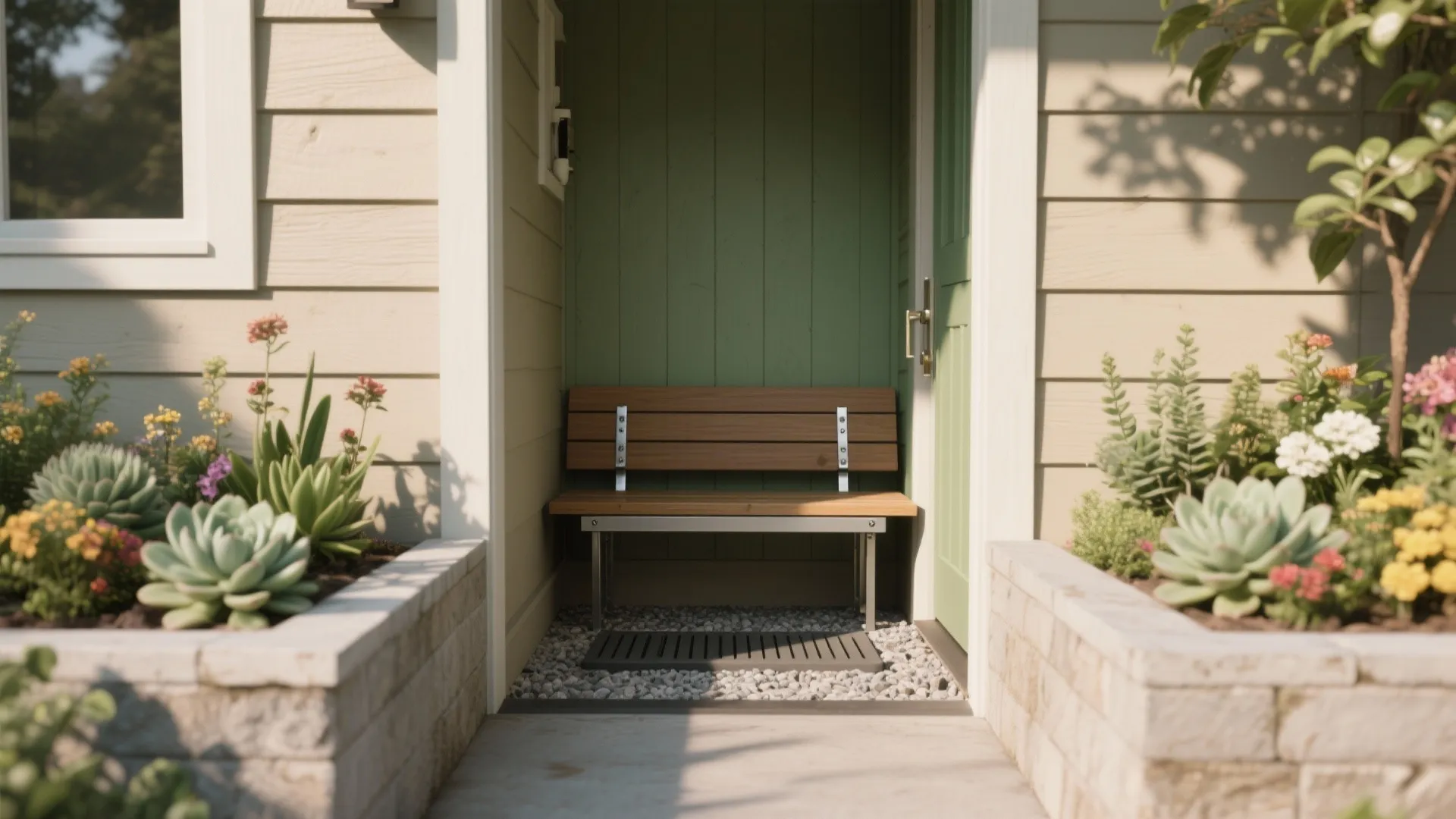 Wooden outdoor bench set against a green wall with garden plants and small pebble ground