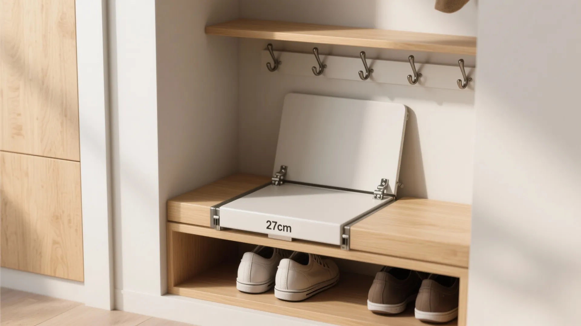2. Fold-down bench with hidden hooks