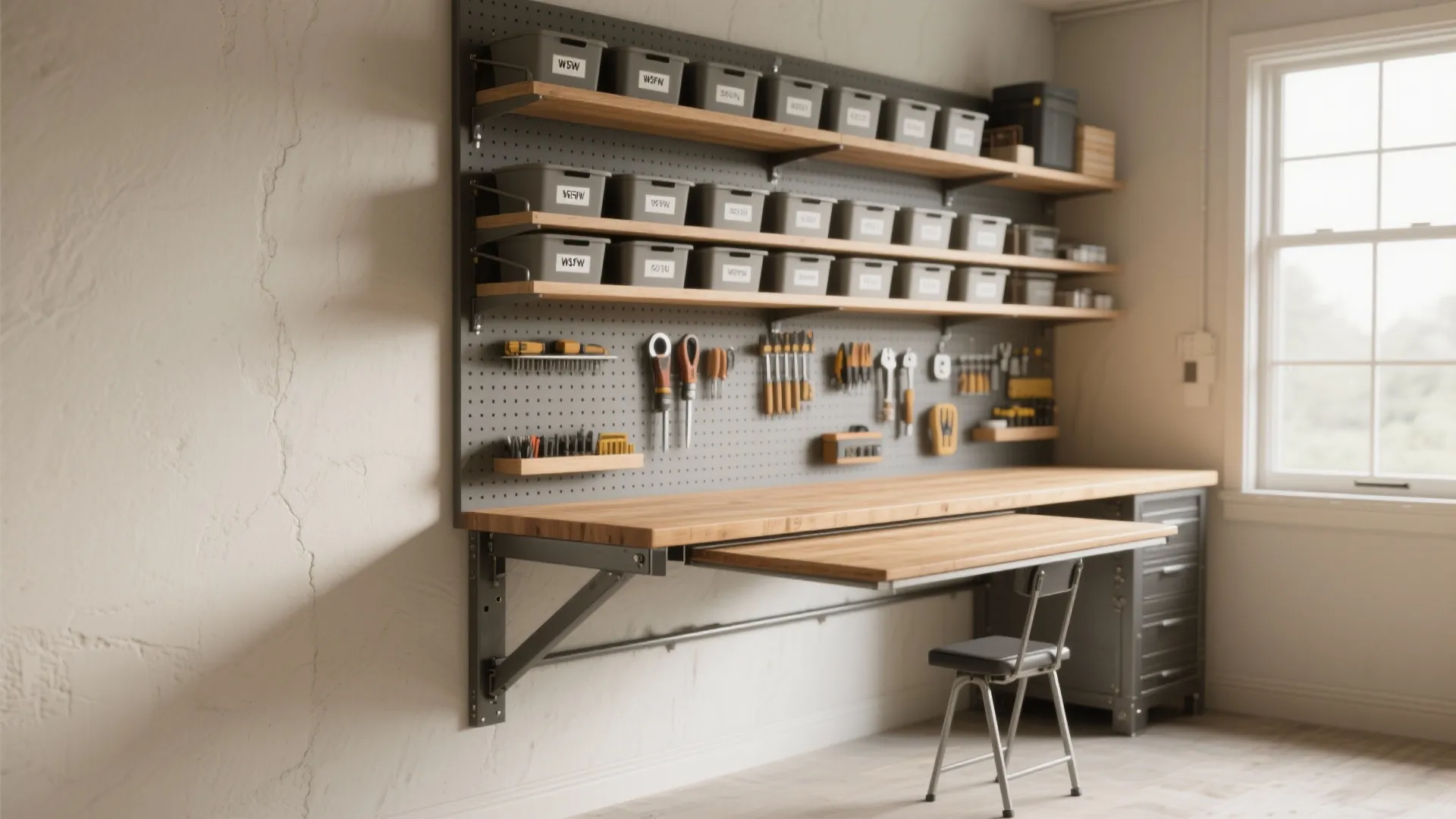 Wall mounted wooden workbench with storage shelves gray pegboard tools and a small black chair