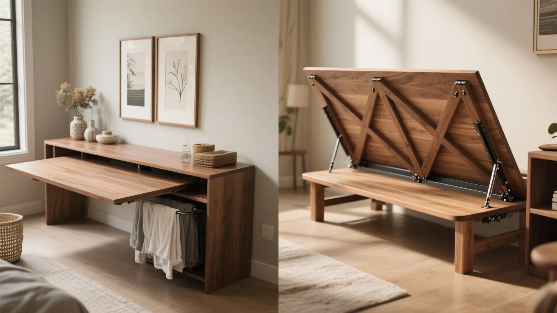 Wooden cabinet with a fold down table surface and a matching bench with lifted seat