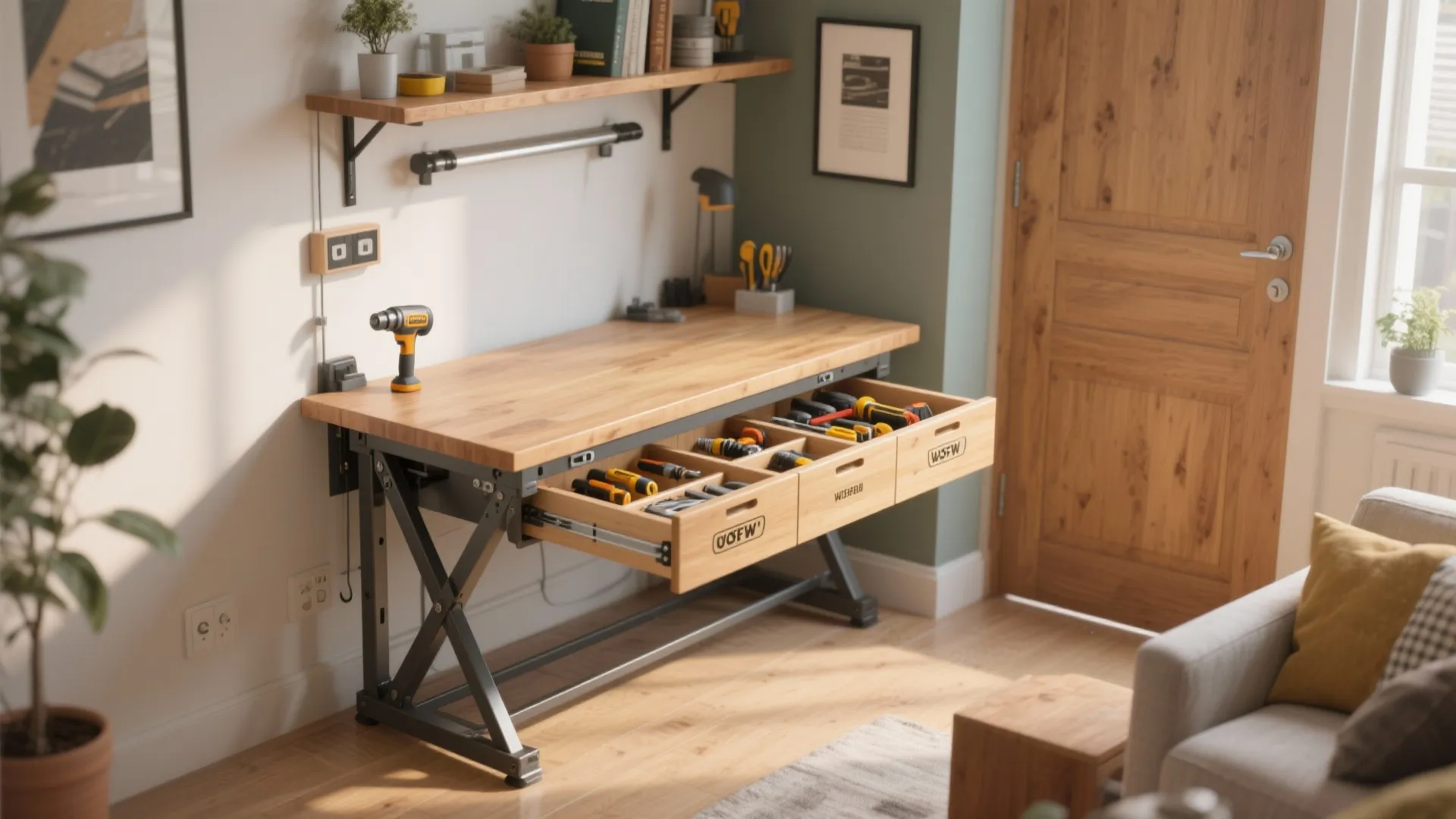 3. Collapsible workbench with hidden drawers