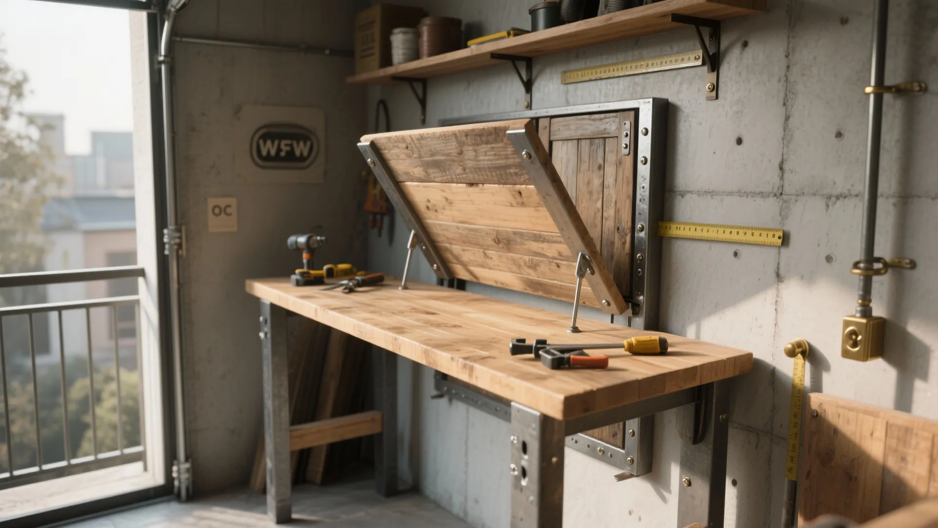 Fold down wooden wall table in a garage workshop with hand tools on the surface