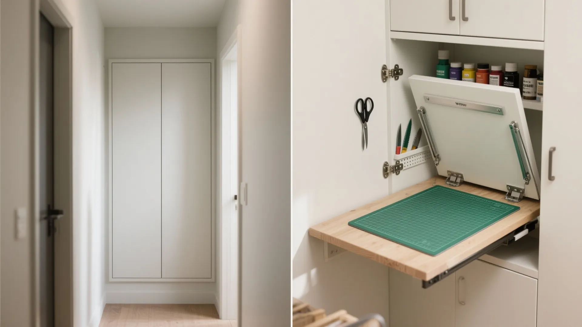 Comparison of closed white cabinet in hallway and open cabinet showing a fold-down wood workbench