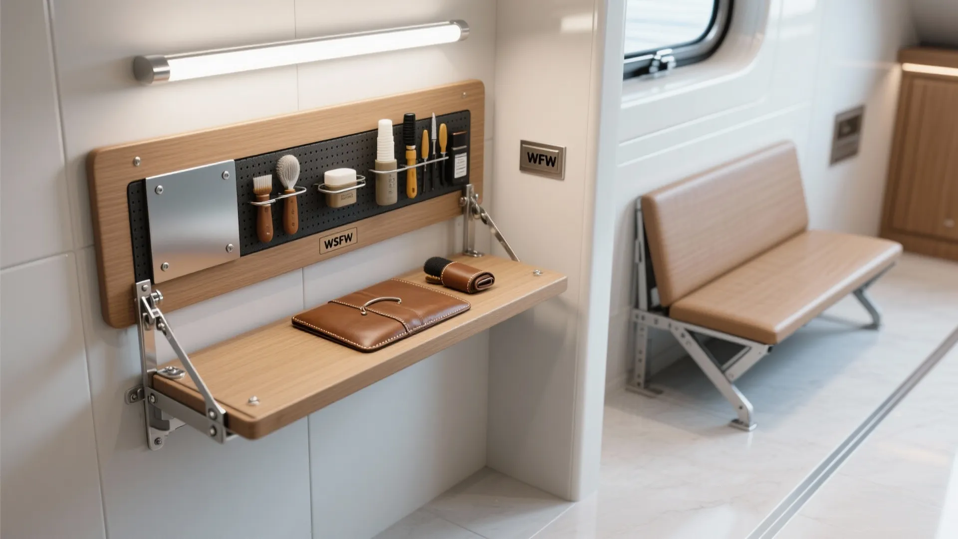 Fold-down workbench and cleaning station