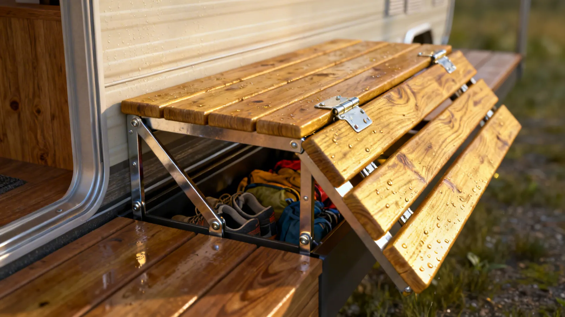 Fold-down bench on a narrow porch showing hidden storage and stainless hinges