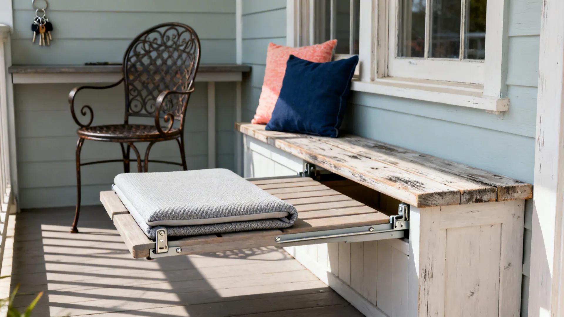 Close-up of a slim fold-down wooden bench with quick-dry cushion on a tiny porch.